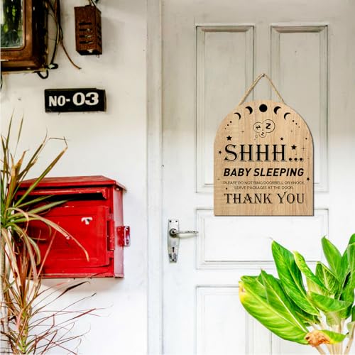 Image of Gwisml Baby Sleeping Sign for Front Door,Please Do Not Knock Or Ring Doorbell Wood Sign,No Soliciting Sleeping Baby Wood sign for House Nursery Door Knob Decor 1