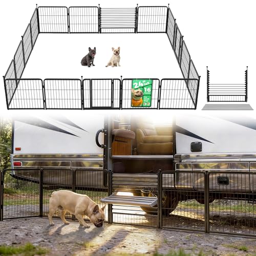 Image of FXW Instant Dog Playpen with RV Step Grid for RV Camping, 24 inch H, 16 Panels | Quick-Setup & Heavy-Duty Play Yard, Helps Close Stair Gaps, Fits 26 inch RV Step Opening, For Puppies & Small Dogs, Patented