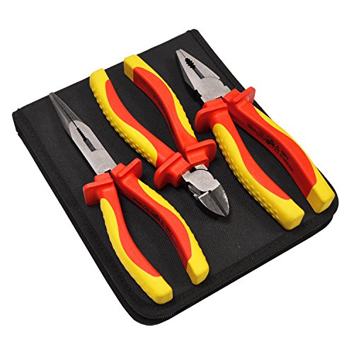 Faithfull FAIPLVDESET 3 Piece VDE Rated Plier Set with Storage Wallet, VDE Long Nose, Combination and VDE Diagonal Cutting Pliers. Safe to Use With Up to 1,000 Volts AC