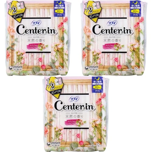 まとめ買い ソフィ センターイン コンパクト1/2 多い夜用 スリム 羽つき ナチュラルフローラルの香り 12個入 (3パック)