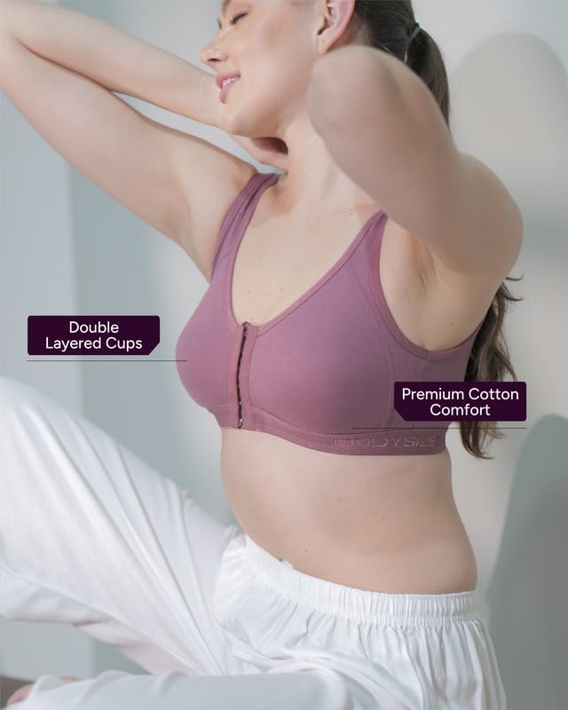 Image of BODYSIZE Cotton Front Open Sports Bra for Women Daily Use | Non-Wired Sweat Absorbent Seamless Bra | Full Coverage Regular Wear Comfortable and Convenient with Back Support Suitable for Gym, Yoga