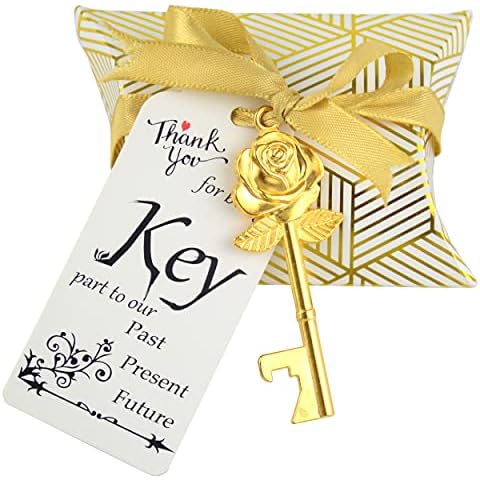 Makhry 50 Set Skeleton Rose Key Bottle Openers with Candy Box In Antique Vintage Style Escort Tags French Ribbon As A Gift Souvenir At Wedding Party Supplies (Antique Gold) Cover