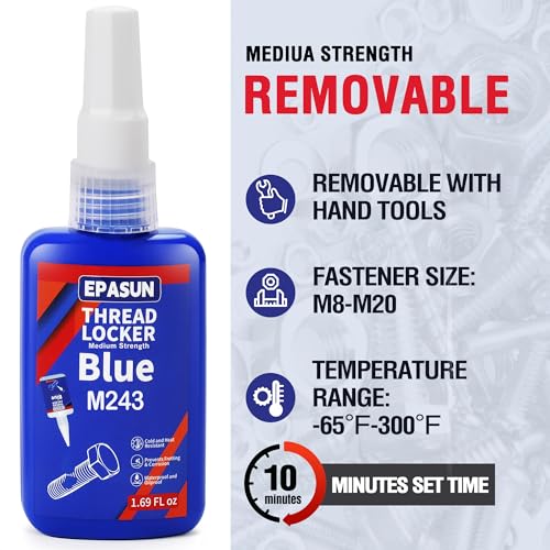 Image of EPASUN 50ml Threadlocker Blue M243, Thread Lock Medium Strength Lock Tight for Nuts, Bolts, Fasteners, and Metals to Prevent Loosening and Corrosion
