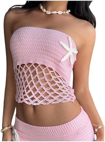 SHENHE Women's Crochet Strapless Tube Tops Hollow Out Starfish Kn...