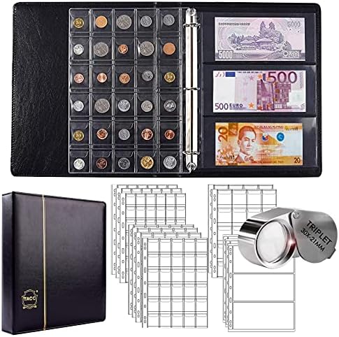 295pcs 2 in 1 Coin Collection Book Set, Coin Collection Supplies, Coin Holders for Collectors, 3 Size Coin Pockets and 9 Pockets Paper Money Storage Binder Father's Day Gift (Black)