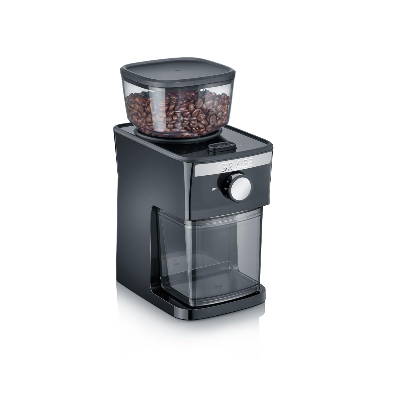 GRAEF CM252 - Moulin à café électrique, réservoir à grains 80 g, couvercle de protection des arômes, broyeur amovible, 17 degrés de mouture, 2 à 12 tasses, bouton marche/arrêt éclairé, 130 W, noir
