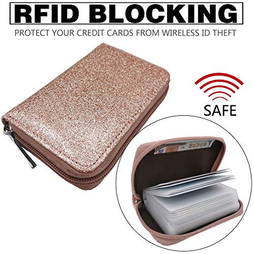 Image of Easyoulife Genuine Leather Credit Card Holder Zipper Wallet With 26 Card Slots(Glitter Gold)