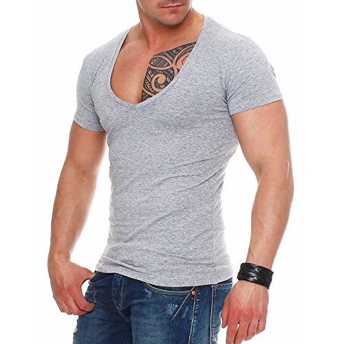 Young & Rich 1315 - Camiseta de manga corta para hombre (cuello en V, corte ajustado) gris L