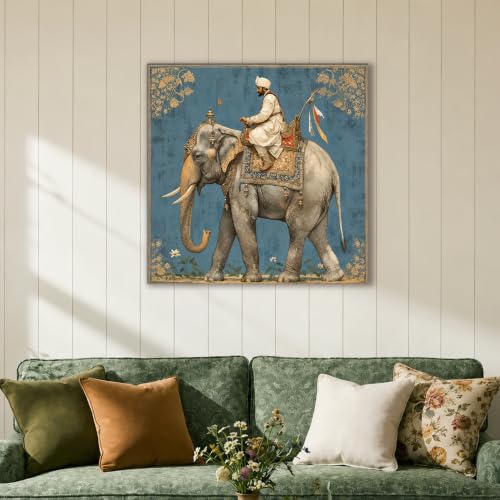 Image of PAINTINGMANTRA Digital Indian Art Man Riding Elephant Wall Decor Print Multicolor | Canvas Painting Stretched on Wood | Suits For Living Room, Bedroom, Hallways (22 Inch)
