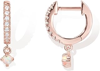14K Gold Plated 925 Sterling Silver Post Huggie With Dangle | Small Gold Hinged Hoop Earrings For Women | Trendy Dangle Hoop Earrings | CZ Huggie Earrings (Opal, Rose Plated)