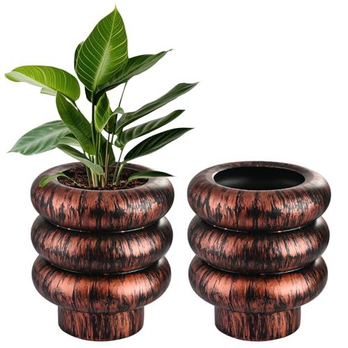 Kuber Industries 2 Pcs Wooden Texture 10 Inch Pots for Plants Balcony and Living Room | Flower Pots for Garden | Decorative Planters for Home Decor, Outdoor Indoor Plants and Office | Rust Ring