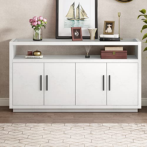 Ruisisi 63" Modern Sideboard White Buffet Cabinet Kitchen Storage Cabinet Console Farmhouse Televison Table With 4 Metal Handle And Adjustable Shelves For Living Room, Dining Room #TOP2