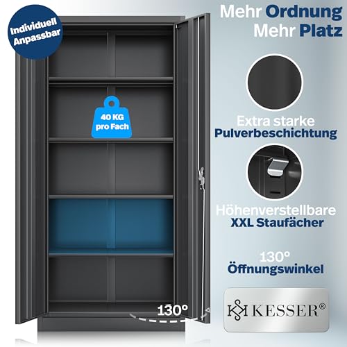 KESSER® Armario archivador con cerradura con puertas batientes 180 x 60 x 40 cm | Armario de oficina de acero con 4 estantes ajustables en altura | Armario multiusos con 5 compartimentos flexibles - imagen 3