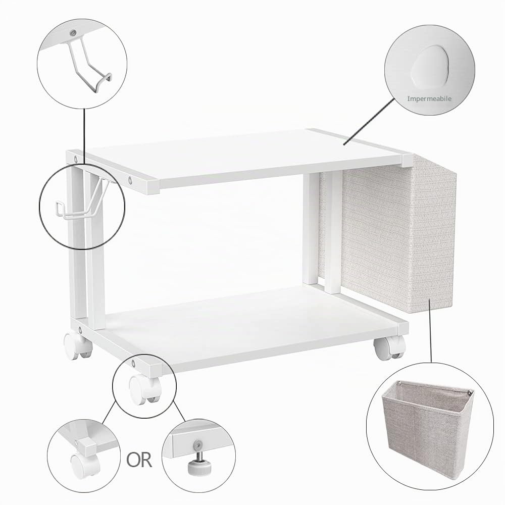 VEDECASA Supporto per stampante moderno a 2 ripiani, in legno, con custodia, per casa, ufficio, scrivania, stampante, tavolo, organizer, porta stampante mobile, carrello con rotella