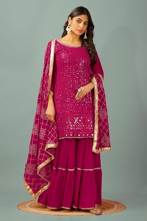 Image of Women's Designer Chinon Silk Sharara Suit Set, Sequence Embroidery Kurti with Tiered Sharara and Dupatta