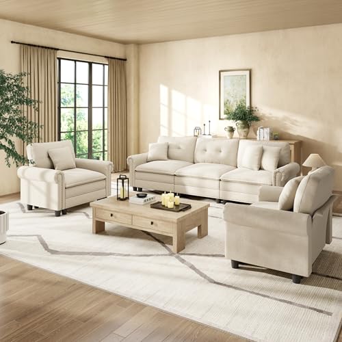 Image of HERA'S HOUSE 3 Pieces Modular Sectional Sofa Sets, Oversized Couch Set with Armchairs, Comfy Cloud Couches with Throw Pillows, 5-Seater Deep Seat Sofa for Living Room, Chenille Beige