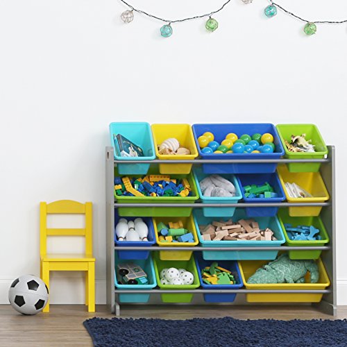 Image of Humble Crew Toy Storage Organizer with 16 Removable Storage Bins for Kids Playroom, 4-Tier Toddler Toy Organization and Storage, Grey /Blue /Green /Yellow