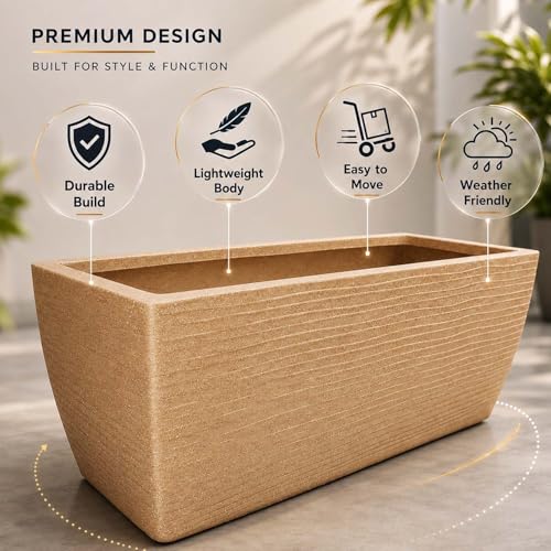 Image of Go Hooked Rectangular Leios Planter Pot 24x11 Inch | Sandstone Ribbed Design Plastic Flower Pot for Indoor Outdoor Garden Balcony Terrace Living Room | Decorative Long Plant Container