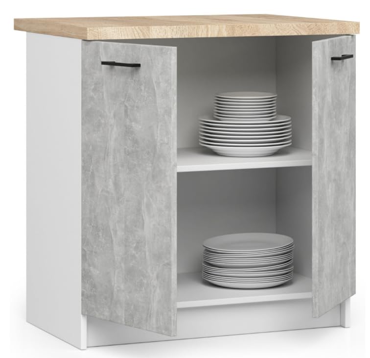 BDW - Armoire de Cuisine Avec Portes et Plan de Travail - 80 cm de Large, 85 cm de Haut - Meuble Individuel (Blanc/Béton)