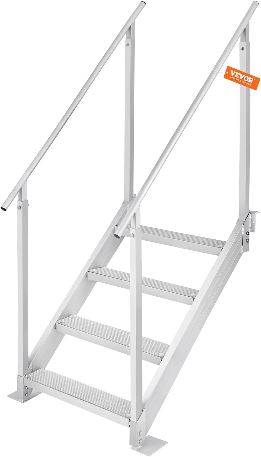 VEVOR Dock Stairs 4 Steps, 500lbs Load Pool Steps, Adjustable Height Aluminum Dock Ladders, Pontoon Boat Ladder with Handrails & Widen Nonslip Rubber Pedals for Lake/Pool/Marine Boarding/RV/House