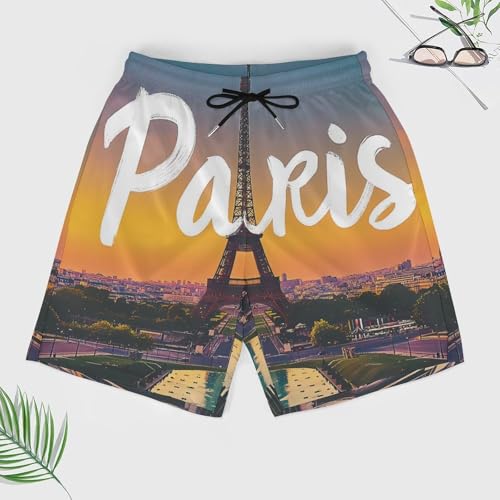 Eiffel Tower at Sunset Beach Shorts for Men Swim Trunks Quick Dry Swim Shorts with Compression Liner Pocket3