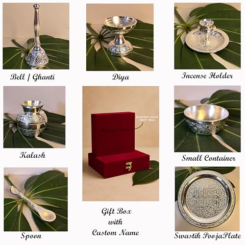 Image of Silver Plated Pooja Thali Set with Custom Name Box | 7-Piece Premium Religious Gift | Ideal for Corporate & Employee Gifting, Diwali, Housewarming & Every Festive Occasions (10 inch)