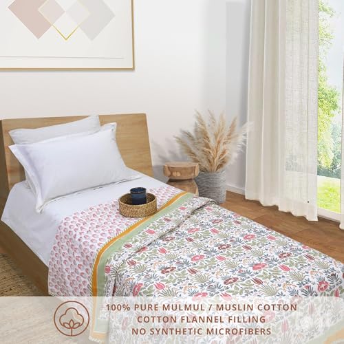 Image of TOAIArt Premium Jaipuri Dohar | AC Blanket Summer Quilt | Hand Block Printed | 3 Layers | Reversible | 150GSM 100% Mulmul Cotton | 100% Cotton Flannel Filling | Single 60 inch X 90 inch |Spring Floral