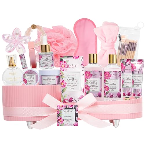 Image of 27 Pcs Spa Day Gifts Basket for Women, Camellia & magnolia Bath and Body Gift, Facial Skin Care Set, Self Care Pampering Kit, Face Serum, Lip Care, Home Spa, Birthday, Mother Day, Bridal Shower