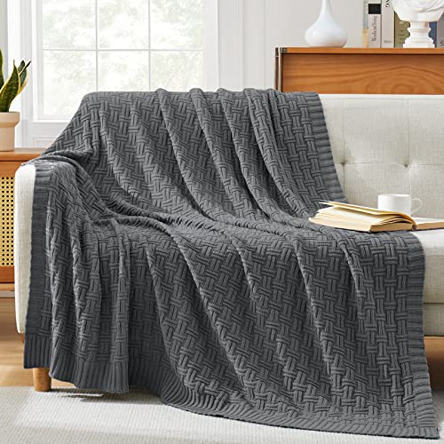 Image of TREELY 100% Cotton Knitted Throw Blanket 50 x 60 Inches, Dark Grey