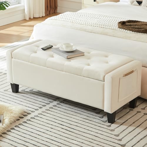 Image of Velvet Storage Ottoman Bench for Bedroom, End of Bed Bench with Button, Side Storage Pockets, Organizer Storage Chest, Upholstered Foot Rest, Load up to 400 lb, for Living Room, Entryway, Beige