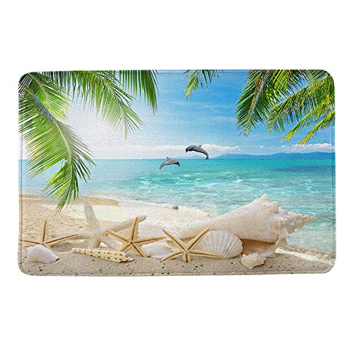 HIYOO Tropical Beach Starfish Seashell Dolphin Bathmat, Doormat, Bathroom Bath Floor Kitchen Area Door Entrance Rugs Mat, Super Soft Flannel Fabric with Inner Thick Sponge 16