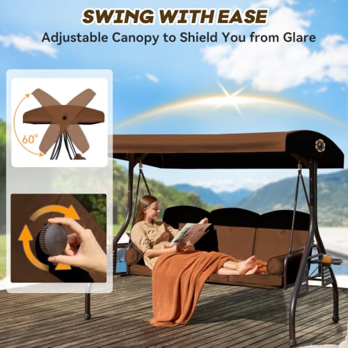 Image of 3 in 1 Outdoor Porch Swing with Adjustable Canopy, 3 Seat Outdoor Swing for Adults, Patio Swing Chair with Thickened Cushions,Pillows & Cup Holders for Backyard, Porch, Garden (Brown)