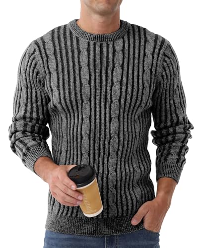 Image of Askdeer Men's Pullover Sweater Cable Knit Casual Crewneck Sweaters Classic Soft Knitted Pullover Tops with Ribbing Edge