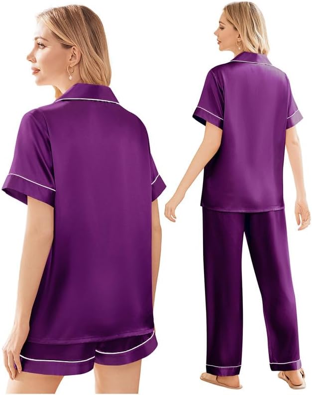 Ekouaer Silk Pajamas for Women Set Satin Pjs Soft Short Sleeve Button Down Sleepwear 3 Piece Loungewear S-XXL