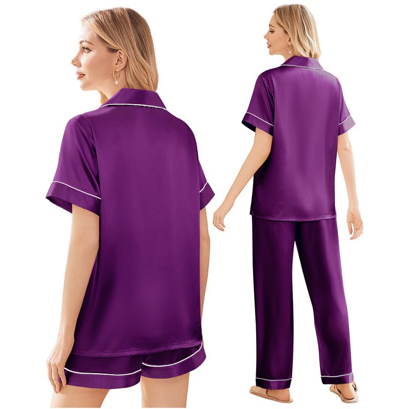 Image of Ekouaer Silk Pajamas for Women Set Satin Soft Short Sleeve Button Down Pjs | 3 Piece Loungewear,Comfy Sleepwear,Silky Smooth Fabric,Gift for wedding,Bridal Party,Coffee Time,Vacation