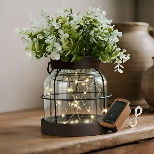 Vintage Glass Vases Farmhouse Lantern Vase with 6 Artificial Eucalyptus,