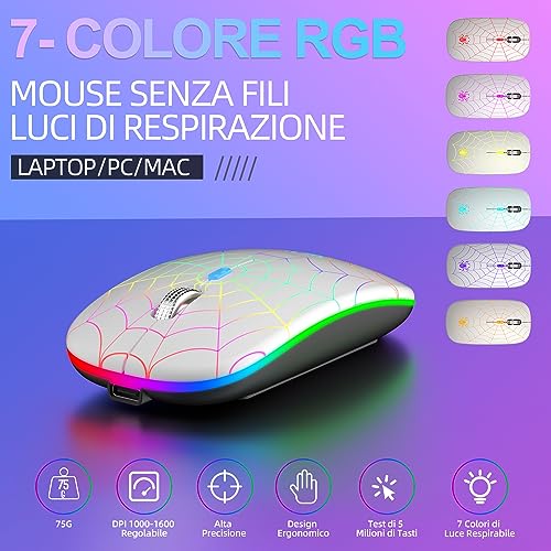 Mouse Wireless Ricaricabile con Convertitore USB e Tipo-C,RGB a 7 Colori,Portatile e Precisione Regolabile (800/1200/1600),Argenteo - Mouse gaming - Immagine 1