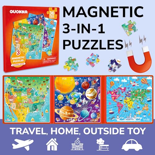 Image of QUOKKA Magnetic Puzzles for Kids Ages 4-6 - 36 Pieces Sudoku Toddler Puzzles Ages 2-4 - Travel Games for Kids 3-5 - Map USA Space World Toddler Travel Toys - Car Airplane Road Trip Games for Childrens