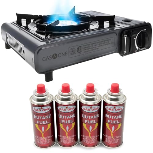 GasOne Portable Butane Camping Stove with Case + 4 Fuel Canister Catridge: Automatic Ignition, Precise Heat Control - Camping & Tailgating and Outdoor Cooking