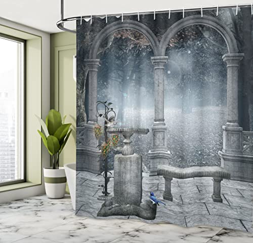 ABAKUHAUS Gothic Shower Curtain, Fictional Middle Age Mythical Stone Bench Balcony Building with Hummingbird Graphic Print - Image 4