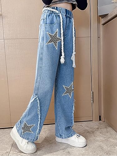 Girls Casual Wide Leg Denim Pants Graphic Printed Ripped Jeans Elastic Waist Straight Baggy Trousers4