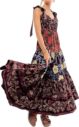 Image of Women Floral Maxi Dress Tie Shoulder Patchwork Smocked Flowy Boho Dress with Pockets Summer Vacation Sundress