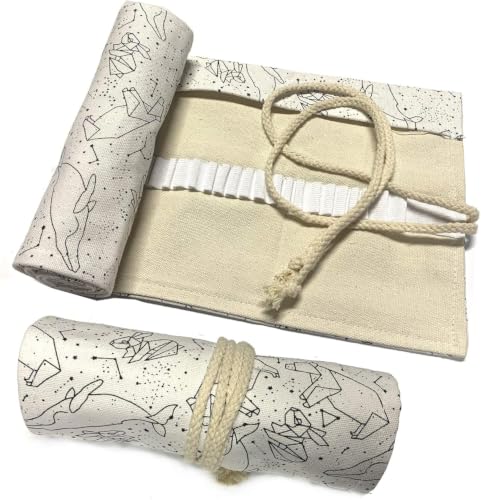 Image of Canvas Pencil Wrap Case, 48 Holes Colored Pencil Roll Holder Storage Pouch for Office (72 Holes, White 3)