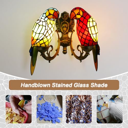 Image of 2-Light Double Parrot Tiffany Wall Sconce Stained Glass with Bulbs | Handmade double parrot stained glass Tiffany wall sconce, 2 lights, vintage decor, includes LED bulbs for bedroom hallway