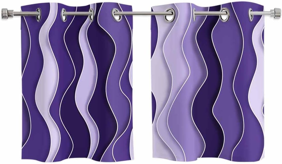 Window Curtain Abstract Purple Gradient Ocean Waves Windows Drapes Panel,Modern Stripes Art Light Filtering Kitchen Cafe Curtains Drape Treatment Set of 2 with Grommet Top