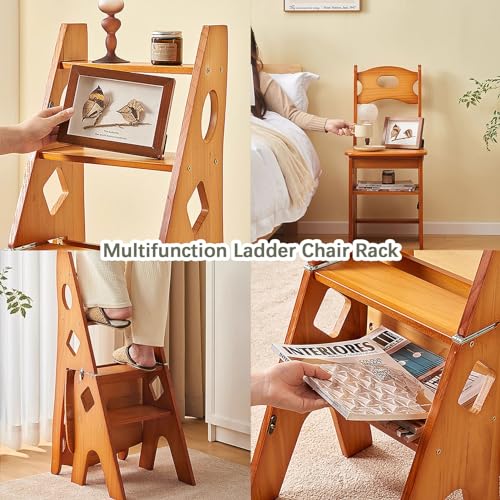 Taburete de escalera de madera con 4 peldaños plegable y estantería multifunción 6