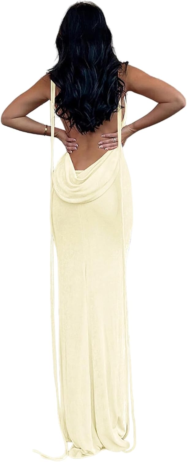 Womens Summer Backless Bodycon Dress Halter Cowl Neck Slip Spaghetti Strap Sexy Cocktail Party Maxi Dresses