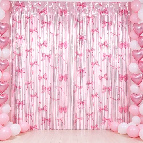 Image of TONIFUL 2Pcs Laser Pink Bow Metallic Tinsel Foil Fringe Curtain Streamers