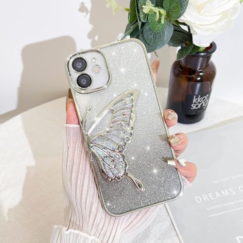 Image of SHINESTAR 3D Butterfly Case for iPhone 12 Cover, Cute Girly Glitter Bling Luxury Back Cover for Women Girls Protective Shockproof Slim Camera Protection (or iPhone 12 - Silver