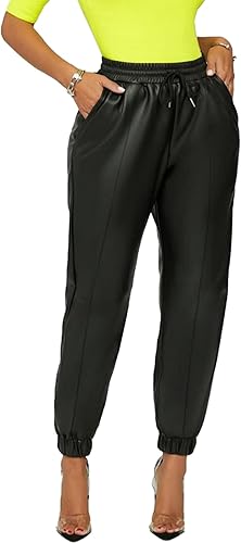 Miniatura 2 de Voghtic Pantalones de cuero para mujer, de cintura alta, con cordón sintético, con bolsillos